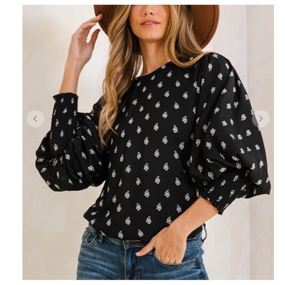 #36 Boho Print Lantern Sleeve Blouse Top - Picture 4 of 7